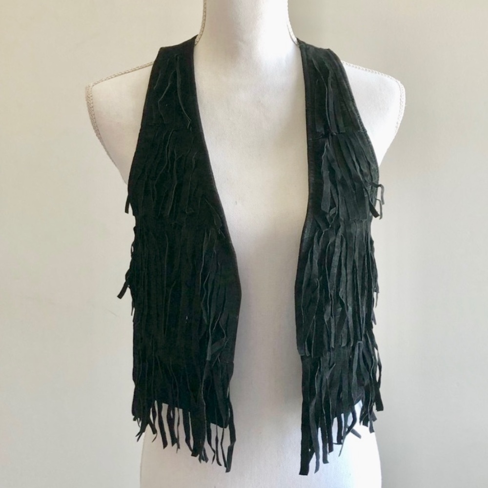 Genuine Black Leather Suede Fringe Vest Jacket